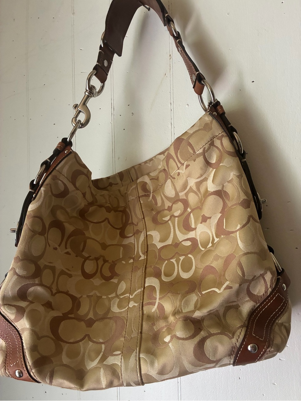 Vintage Coach Scribble Signature Hobo Bag Tan Brown Y2K Shoulder Purse